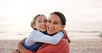 Happy, hug and mom with child at beach for bonding, love and connection on summer holiday. Family, ocean and mother with girl in embrace for relationship, affection and love on vacation together