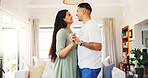 Dancing, happy and couple in home with love for romantic moment, bonding and loving relationship. Marriage, house and man with woman together with music for affection, support and connection together
