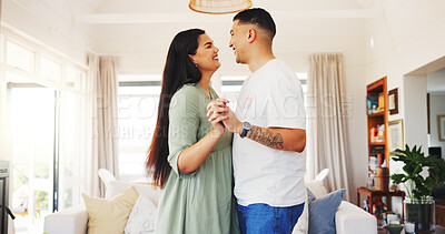 Buy stock photo Dancing, happy and couple in home with love for romantic moment, bonding and loving relationship. Marriage, house and man with woman together with music for affection, support and connection for care