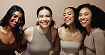 Portrait, women and hug with smile for skincare, diversity and bonding together for beauty aesthetic. Happy, people and friends with embrace, dermatology and cosmetics for glow on studio background.