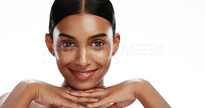 Buy stock photo Portrait, woman and smile with skincare in studio for natural beauty, healthy skin and shine. Space, female person or happiness with cosmetics, facial hydration and treatment glow on white background