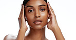 Portrait, woman and serious with skincare in studio for natural beauty, healthy skin and shine. Confident, female person and glow with cosmetics, facial hydration and dermatology on white background