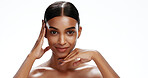 Portrait, skincare and woman with touch in studio, beauty and wellness shine aesthetic for smile. Space, dermatology or person with smooth texture for healthy skin, natural makeup or white background