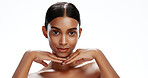 Happy, portrait and woman with skincare in studio, beauty and facial shine for wellness aesthetic. Space, dermatology and person with self care for healthy skin, natural makeup and white background