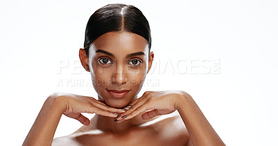 Buy stock photo Happy, portrait and woman with skincare in studio, beauty and facial shine for wellness aesthetic. Space, dermatology and person with self care for healthy skin, natural makeup and white background