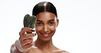 Woman, hand and gua sha in studio with skincare, beauty cosmetics and lymphatic drainage benefits. Mockup space, portrait and person with massage tools, wellness and dermatology on white background.