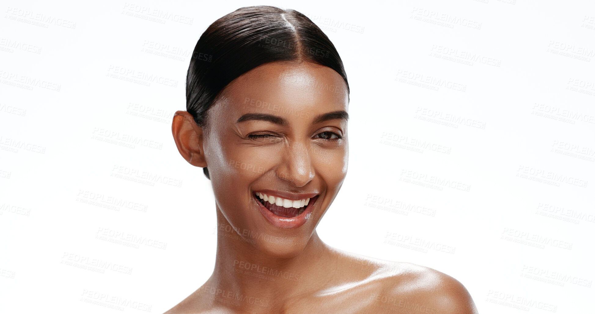 Buy stock photo Portrait, woman and wink with skincare in studio for natural beauty, healthy skin and shine. Space, female person and gesture with cosmetics, facial hydration and treatment glow on white background