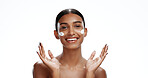 Portrait, skincare or happy woman with cream in studio, beauty product or collagen facial treatment. Space, dermatology or person with lotion for glowing skin, hydration benefits and white background