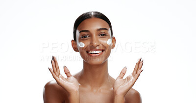 Buy stock photo Portrait, skincare or happy woman with cream in studio, beauty product or collagen facial treatment. Space, dermatology or person with lotion for glowing skin, hydration benefits and white background