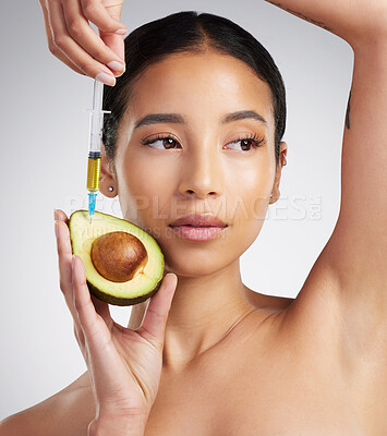 Buy stock photo Skincare, syringe or woman with avocado, extract oil or vitamin benefits in organic wellness. Hydration, anti aging or person with needle, antioxidant or natural cosmetics on white background.