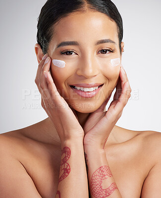 Buy stock photo Beauty, portrait and smile of woman in studio for lotion, moisturizer treatment or results Aesthetic, skincare cream and touch with happy person on white background for antiaging cosmetics or routine