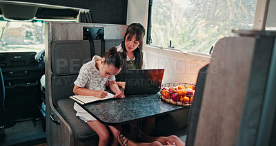 Buy stock photo Laptop, woman and girl with notebook in caravan, writing study notes and remote work for family trip. Transportation, mother or child with homework for education, research or pc for freelance project