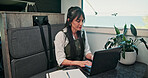 Typing, caravan and woman with laptop for research with remote work with creative project on trip. Computer, travel and magazine editor with freelance article for publishing in vehicle for holiday.