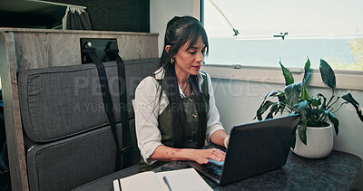 Buy stock photo Typing, caravan and woman with laptop for research with remote work with creative project on trip. Computer, travel and magazine editor with freelance article for publishing in vehicle for holiday.