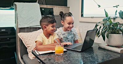 Buy stock photo Happy, laptop and kids in camper van for online videos, movies and entertainment on road trip. Family, siblings and children on computer for internet, bonding and relax on vacation in mobile home