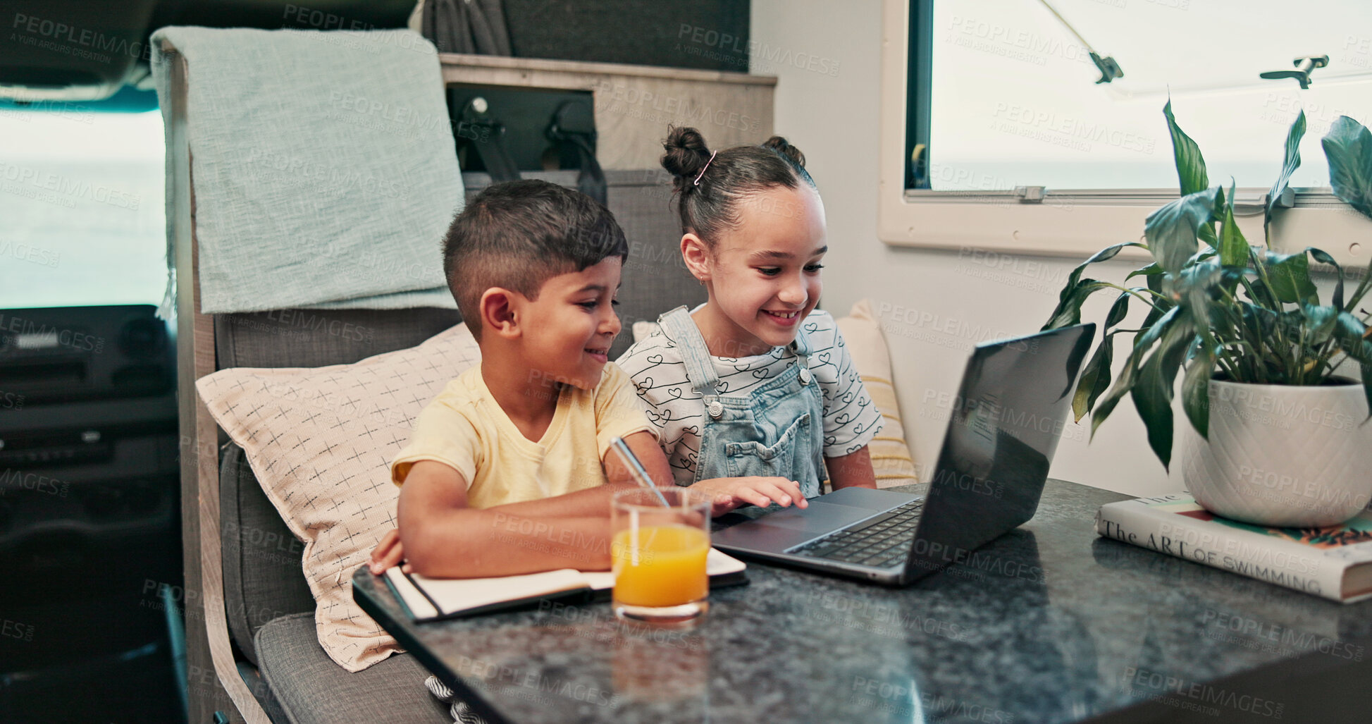 Buy stock photo Happy, laptop and kids in camper van for online videos, movies and entertainment on road trip. Family, siblings and children on computer for internet, bonding and relax on vacation in mobile home