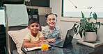 Portrait, laptop and children in camper van for online videos, movies and entertainment on road trip. Family, happy and kids on computer for internet, bonding and relax on vacation in mobile home