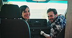Portrait, couple and vehicle with smile for road trip date, adventure and bonding on holiday. Happy, people and driving van for travel, tourism transport and vacation together for romantic getaway