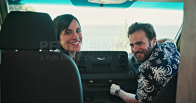 Buy stock photo Portrait, couple and vehicle with smile for road trip date, adventure and bonding on holiday. Happy, people and driving van for travel, tourism transport and vacation together for romantic getaway