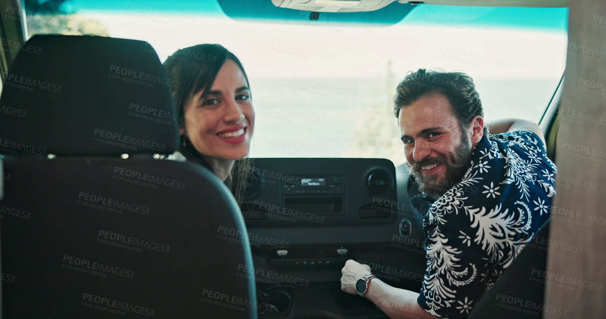 Buy stock photo Portrait, couple and vehicle with smile for road trip date, adventure and bonding on holiday. Happy, people and driving van for travel, tourism transport and vacation together for romantic getaway