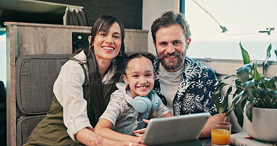 Buy stock photo Portrait, parents and child in camper van on tablet for nomad living, travel and bonding in mobile home. Family, happy and vehicle with mom, dad and girl on tech for videos, movies and vacation