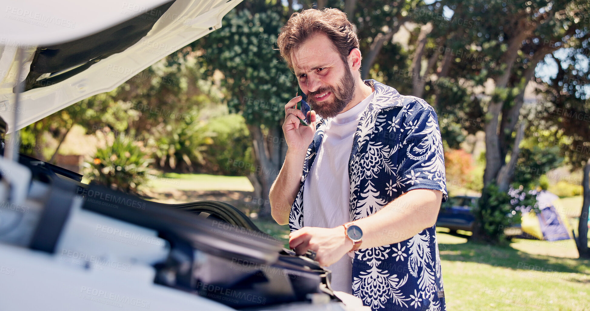 Buy stock photo Phone call, talking and man with vehicle breakdown, roadside assistance hotline and car manufacturer. Speaking, emergency contact and person with mobile for towing service, insurance and engine fail