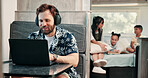 Freelancer, headphones and man in camper van on laptop for travel blog, copywriting or remote work. Mobile home, family and person on computer for tourist guide, music or internet for nomad living