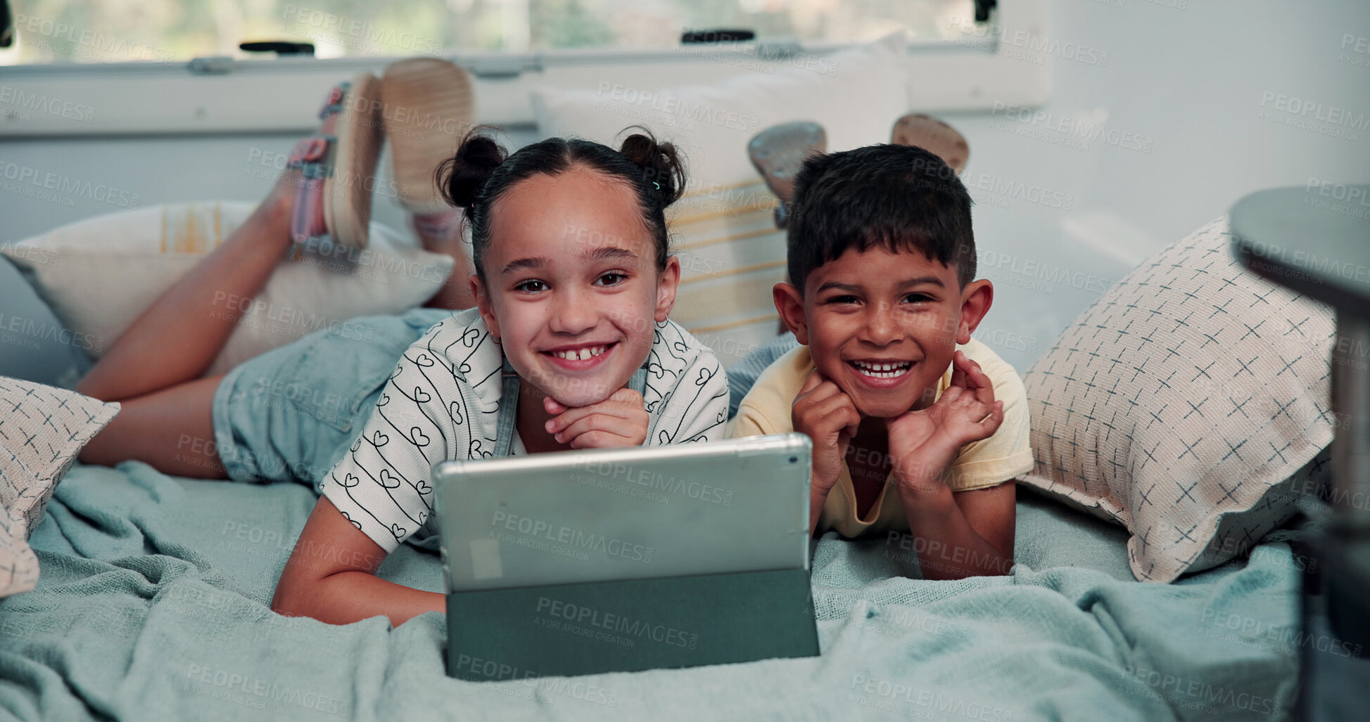 Buy stock photo Portrait, relax and tablet with children in bedroom of apartment together for games or streaming. App, digital and video with siblings kids on bed in family home for development, growth or learning