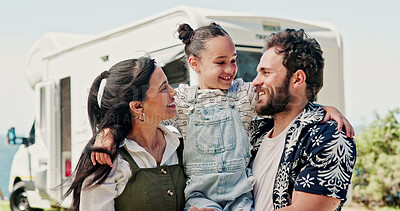 Buy stock photo Happy, parents and girl with camper van for nomad living, travel and adventure together. Family, bonding and mom with dad, child and vehicle for holiday, journey and road trip in mobile home 