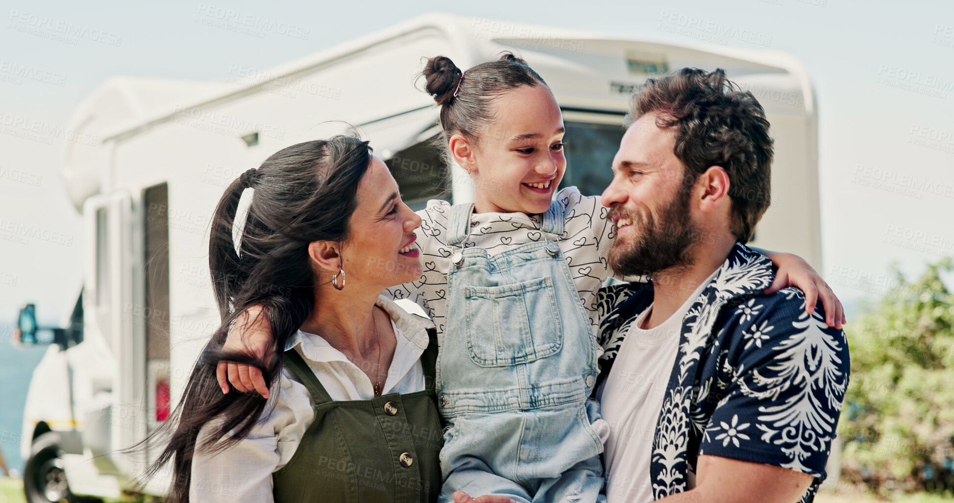 Buy stock photo Happy, parents and girl with camper van for nomad living, travel and adventure together. Family, bonding and mom with dad, child and vehicle for holiday, journey and road trip in mobile home 
