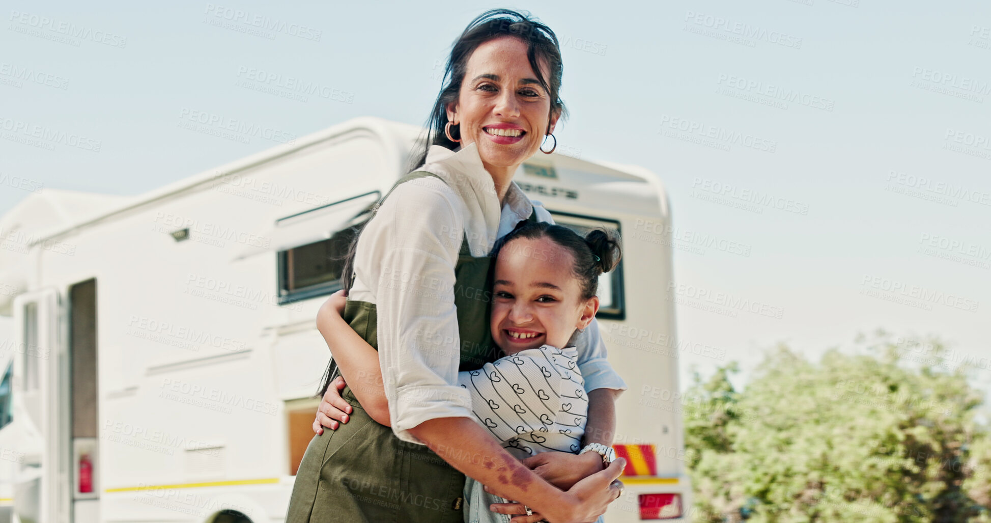 Buy stock photo Happy, portrait and mom with kid with camper van for nomad living, travel or adventure together. Family, outdoor and mother with child by vehicle for holiday, journey or road trip in mobile home 