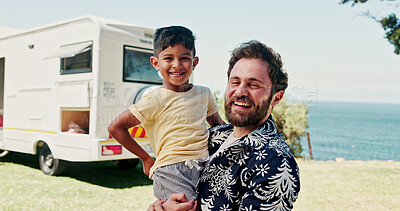 Buy stock photo Happy, portrait and dad with kid with camper van for nomad living, travel and adventure together. Family, outdoor and father with boy by vehicle for holiday, journey and road trip in mobile home 