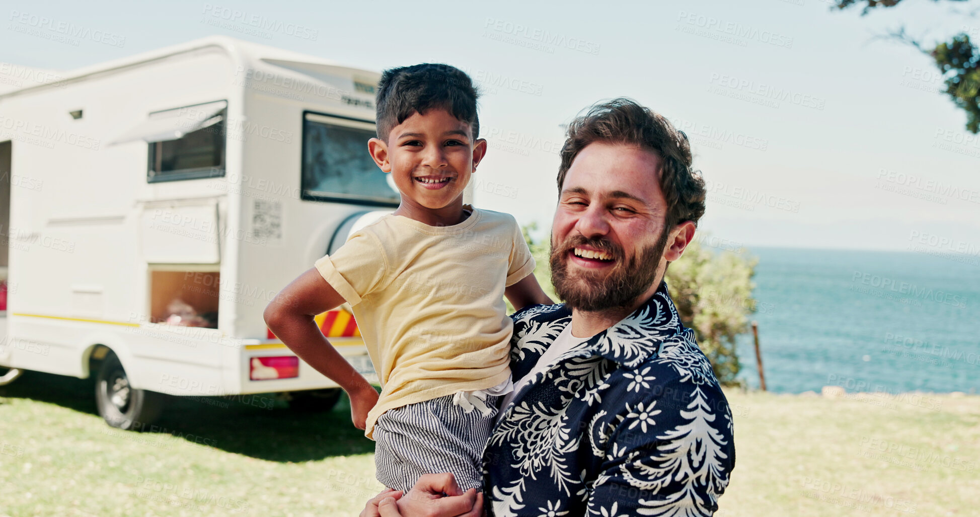 Buy stock photo Happy, portrait and dad with kid with camper van for nomad living, travel and adventure together. Family, outdoor and father with boy by vehicle for holiday, journey and road trip in mobile home 