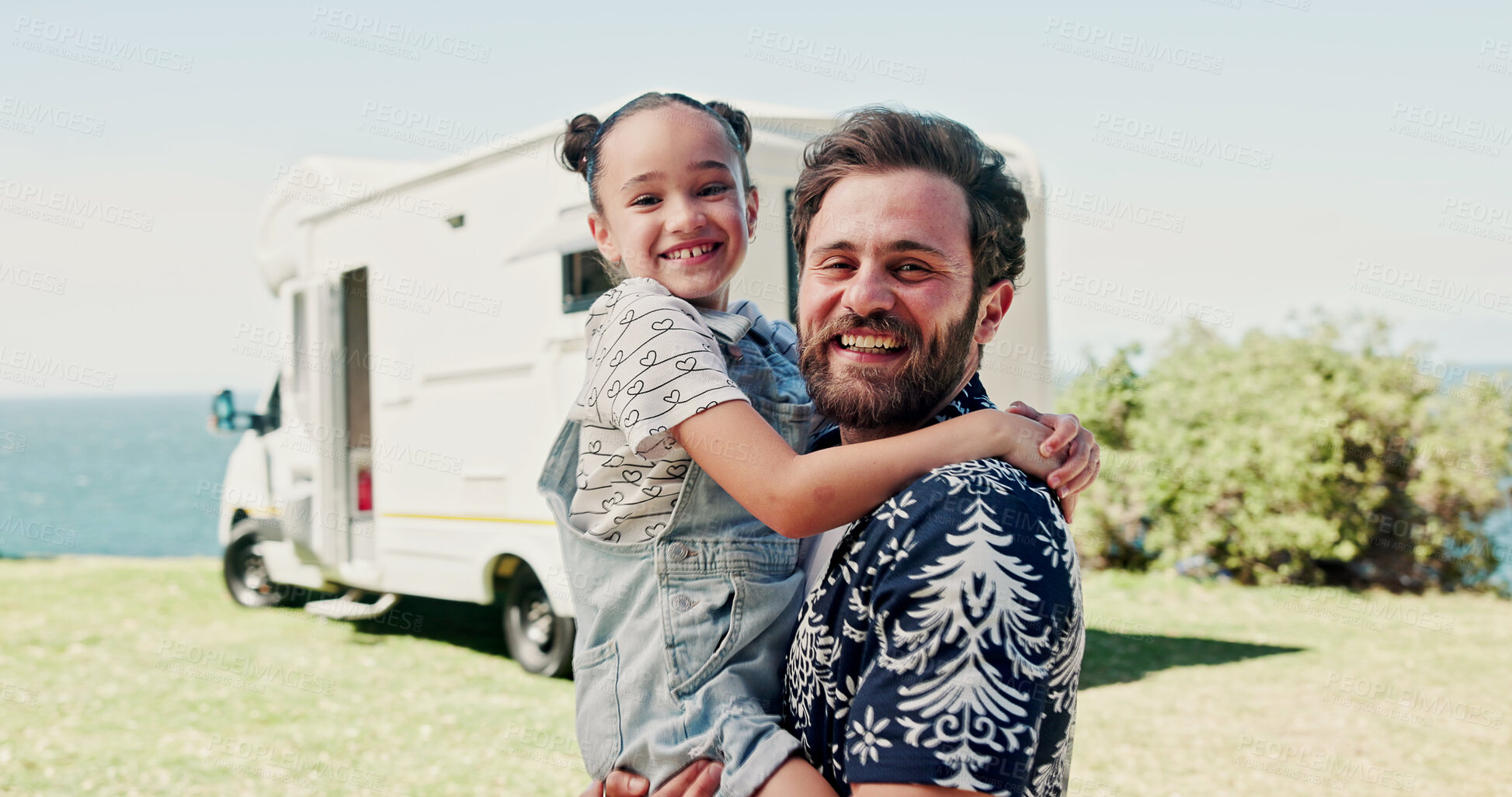 Buy stock photo Happy, portrait and dad with child by camper van for nomad living, travel and adventure together. Family, outdoor and father with girl by vehicle for holiday, journey and road trip in mobile home 