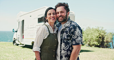Buy stock photo Portrait, couple and road trip in nature with camper van, love or bonding together for summer holiday. Happy, married people or tourist outdoor with caravan, support or travel adventure for vacation.