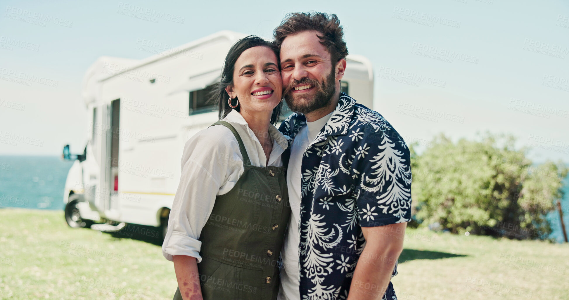 Buy stock photo Portrait, couple and road trip in nature with camper van, love or bonding together for summer holiday. Happy, married people or tourist outdoor with caravan, support or travel adventure for vacation.