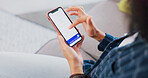 Hands, phone screen and travel website with woman in home living room for online booking. Above, scrolling and trip planning with person on sofa in apartment for transportation agenda or schedule