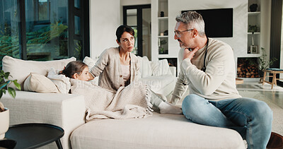 Buy stock photo Doctor, mother and sick child in home with consultation, flu symptoms or medical advice for wellness. People, mom and daughter in living room with pediatrician, healthcare or discussion for recovery.