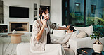 Phone call, mom or child in home with temperature check, telehealth advice or concern with fever. Worry, tech or family with forehead touch, online consultation or illness assessment with monitoring.