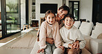 Portrait, mother or children with hug in living room, happiness or support for relationship security. Embrace, woman or kids with smile for emotional connection, family home and affection for bonding