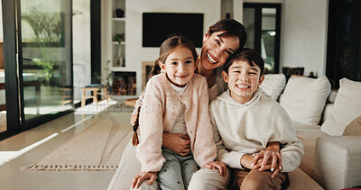 Buy stock photo Portrait, mother or children with hug in living room, happiness or support for relationship security. Embrace, woman or kids with smile for emotional connection, family home and affection for bonding