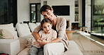 Portrait, mother and child with hug in living room, happiness and support for relationship security. Embrace, woman and girl with smile for emotional connection, family home and affection for bonding
