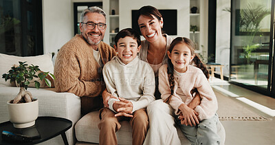 Buy stock photo Portrait, parents or children with hug in living room, happiness or support for relationship security. Embrace, people and kids with smile for connection, family home and weekend break for bonding