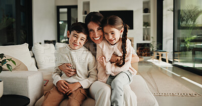 Buy stock photo Laughing, mom and children with hug in living room, funny joke and support for relationship security. Portrait, woman and kids with happiness for connection, family home and embrace for bonding
