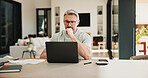 Man, laptop and stress for paperwork with finance, worry and notes with glasses for budget in home. Mature person, insight and thinking with admin, debt and report for asset management at apartment