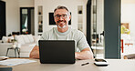 Portrait, man and smile with laptop in home for research, finance report and budget income. Happy, mature person and pc for loan application, financial audit and online payment for household expenses