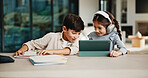 Homework, help and children in home with tablet, online activity and project on academic app. Homeschool, tech and siblings in kitchen with teamwork, lesson or assessment for remote education