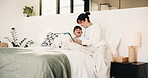 Mother, child and laugh on bed with tablet, streaming funny show and bonding together on weekend. Happy family, mom and daughter in home with tech, online entertainment and humor for kids cartoon.