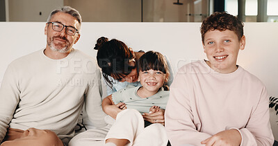 Buy stock photo Family, love and relax in apartment, smile or connection together on weekend break with children. Mother, father and kids at home for care, portrait or support for development with happy parents