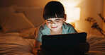 Night, relax and kid with tablet in bedroom for game, streaming cartoon or watch show on internet. Tech, smile and girl on bed at home for movie, subscription service or entertainment on weekend